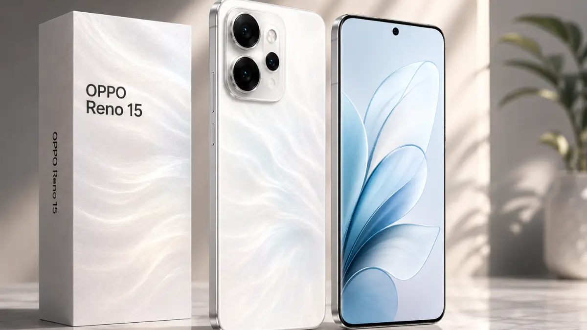 OPPO Reno 15 स्मार्टफोन का प्रीमियम व्हाइट डिजाइन, फ्रंट डिस्प्ले और रियर कैमरा
