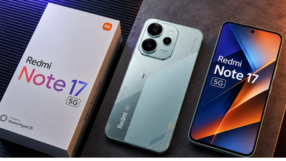 Redmi Note 17 5G का नीला फोन, अलग कैमरा डिजाइन और रिटेल बॉक्स