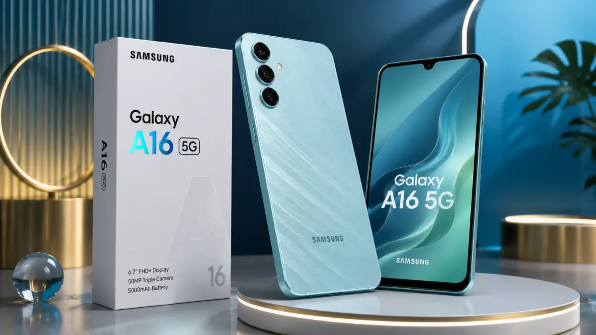 Samsung Galaxy A16 5G का हल्के नीले रंग में रियर कैमरा और फ्रंट डिस्प्ले डिजाइन