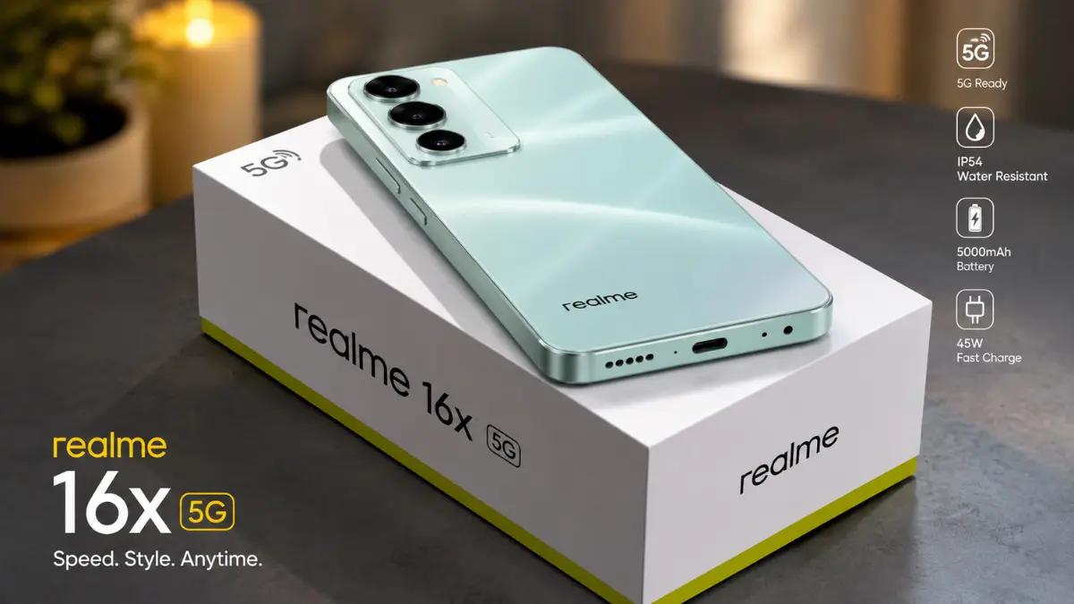 Realme 16x 5G स्मार्टफोन अपने बॉक्स के साथ, 5G कनेक्टिविटी और आधुनिक डिजाइन को दिखाता हुआ