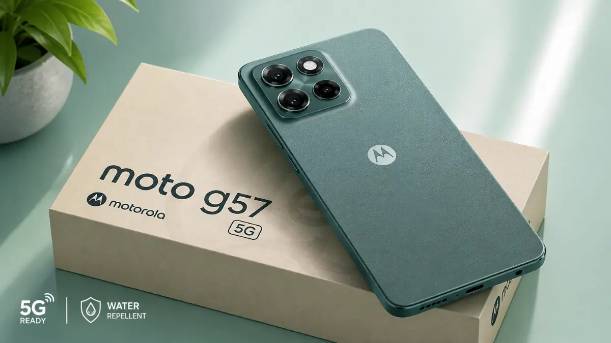 Moto G57 5G स्मार्टफोन का Green डिजाइन बॉक्स के साथ